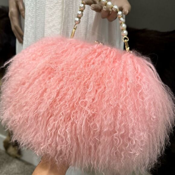 Pink Real Mongolian Lamb Fur Handmade Kisslock Wristlet/Shoulder Bag/Crossbody - Picture 13 of 16